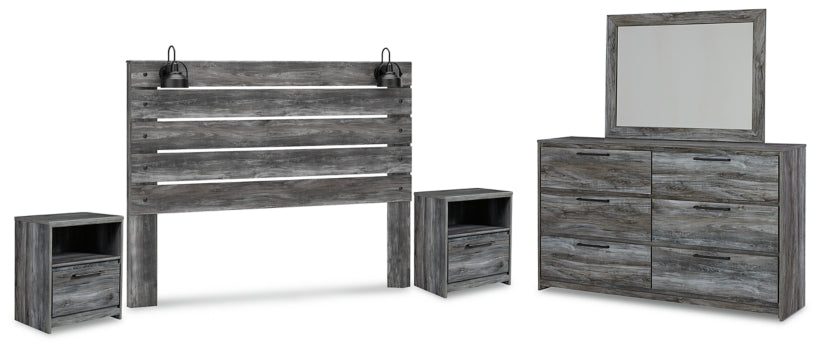Baystorm King Panel Headboard with Mirrored Dresser and 2 Nightstands - furniture place usa