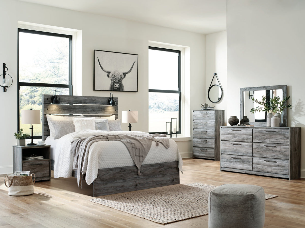 Baystorm Queen Panel Bed with Mirrored Dresser, Chest and Nightstand - furniture place usa