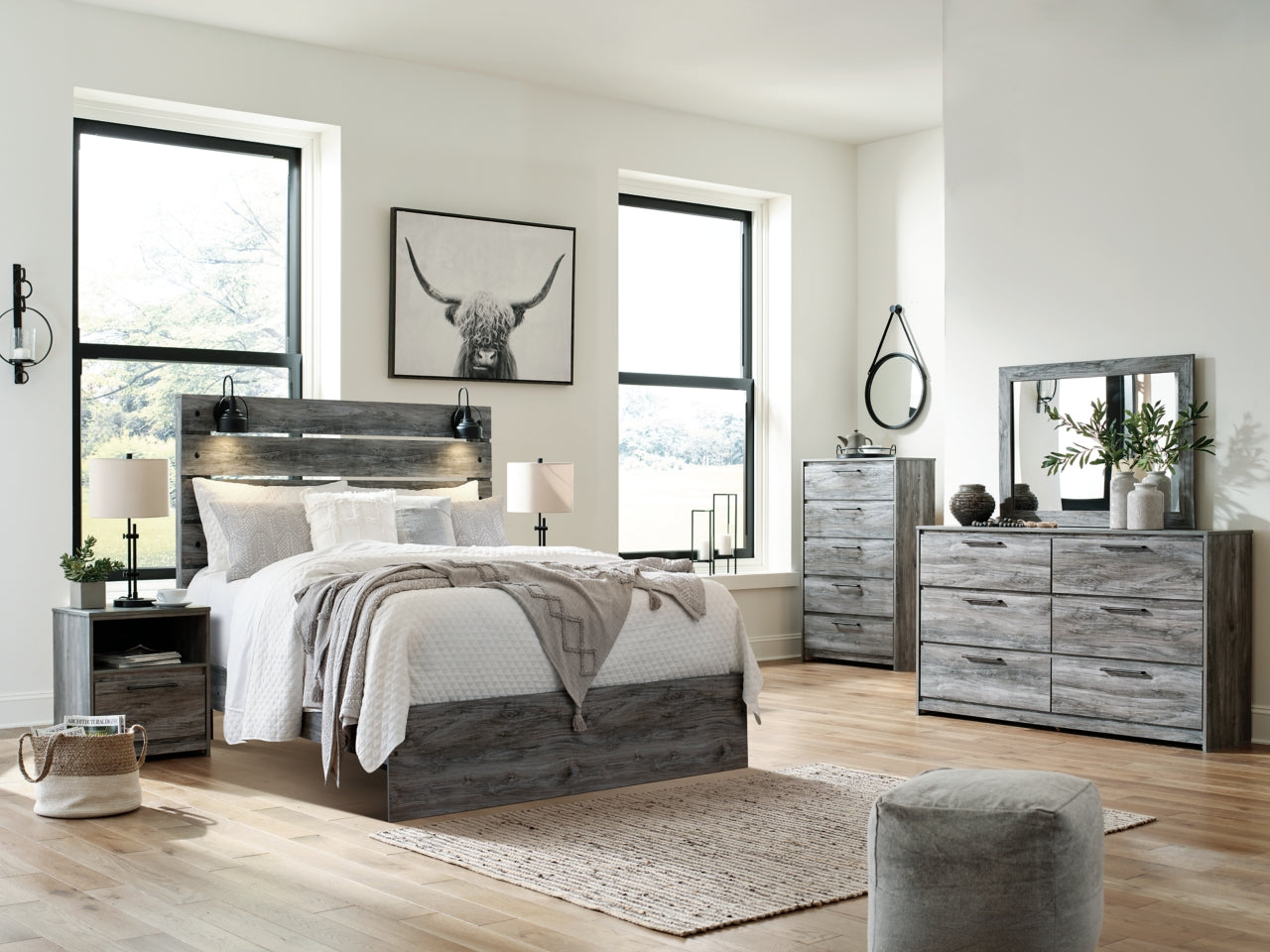 Baystorm Queen Panel Bed with Mirrored Dresser, Chest and 2 Nightstands - furniture place usa