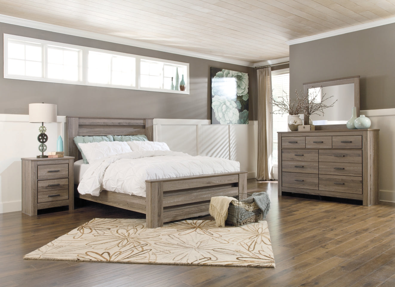Zelen Queen Panel Bed with Mirrored Dresser and Nightstand - furniture place usa