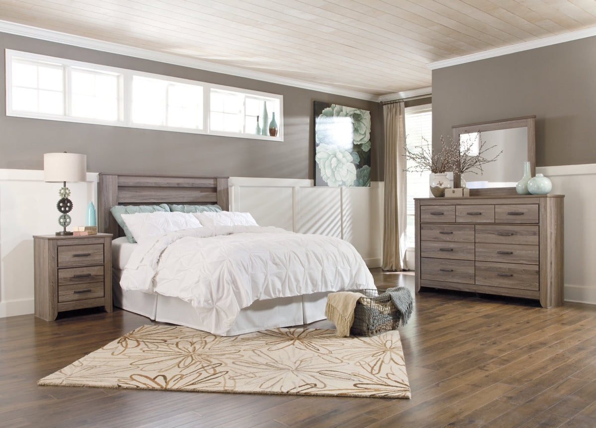 Zelen Queen Panel Headboard with Mirrored Dresser and Nightstand - furniture place usa