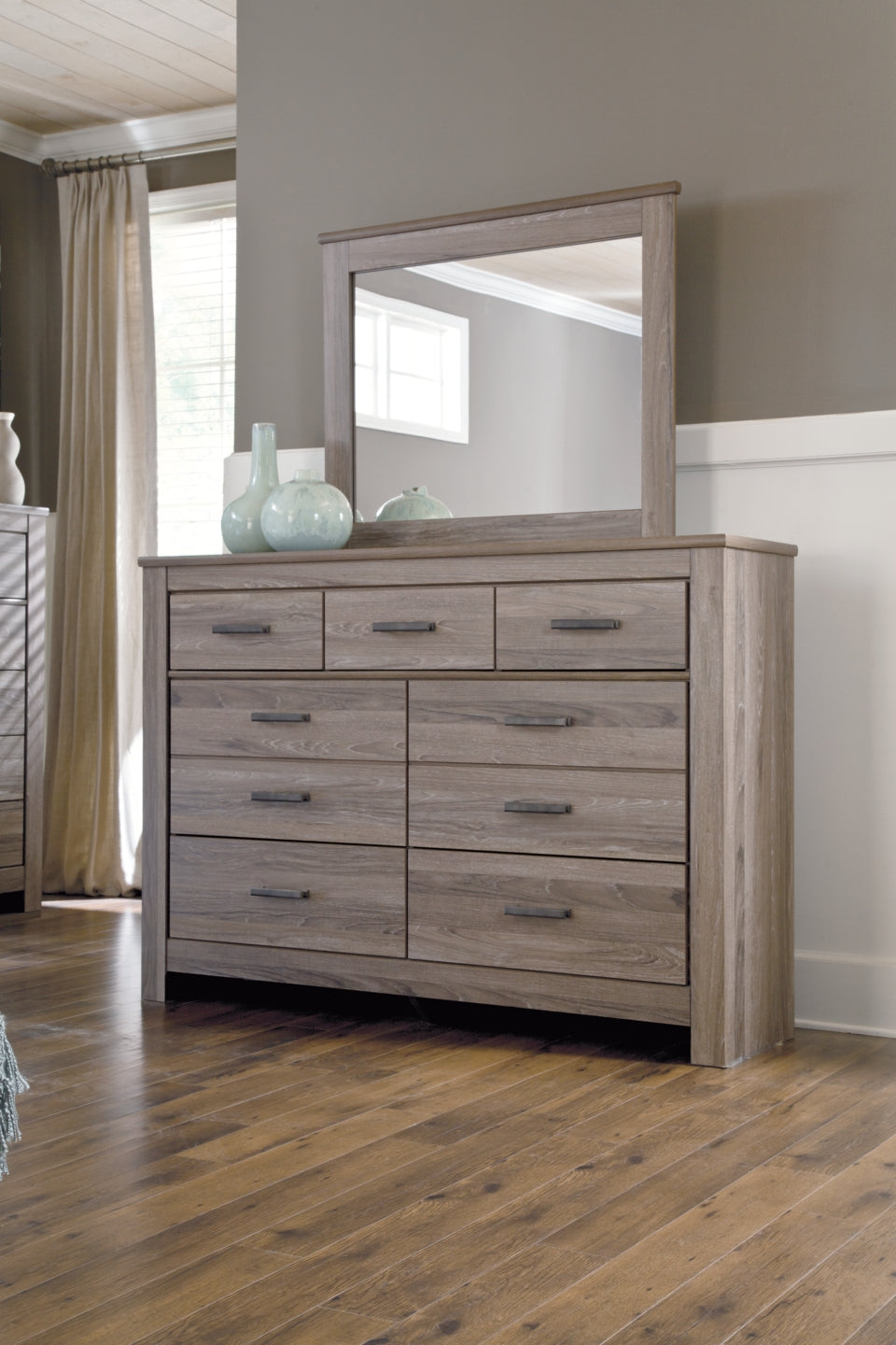 Zelen Queen/Full Panel Headboard Bed with Mirrored Dresser, Chest and 2 Nightstands - furniture place usa