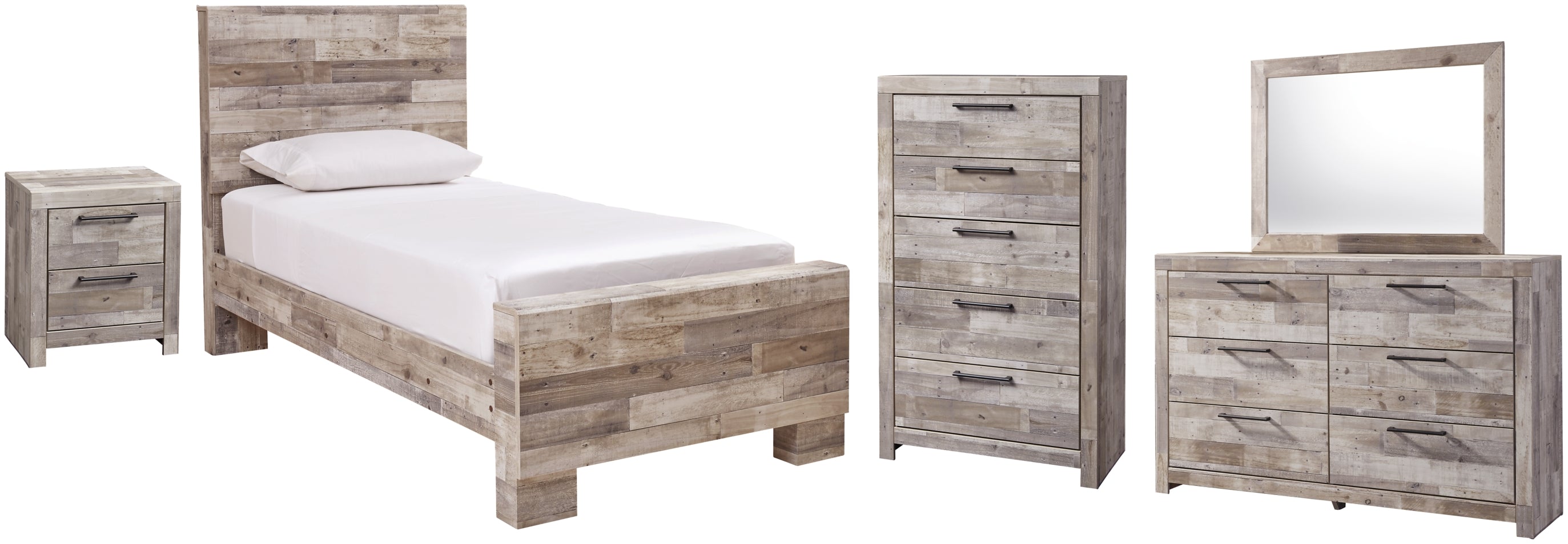 Effie Queen Panel Bed with Mirrored Dresser, Chest and Nightstand - furniture place usa