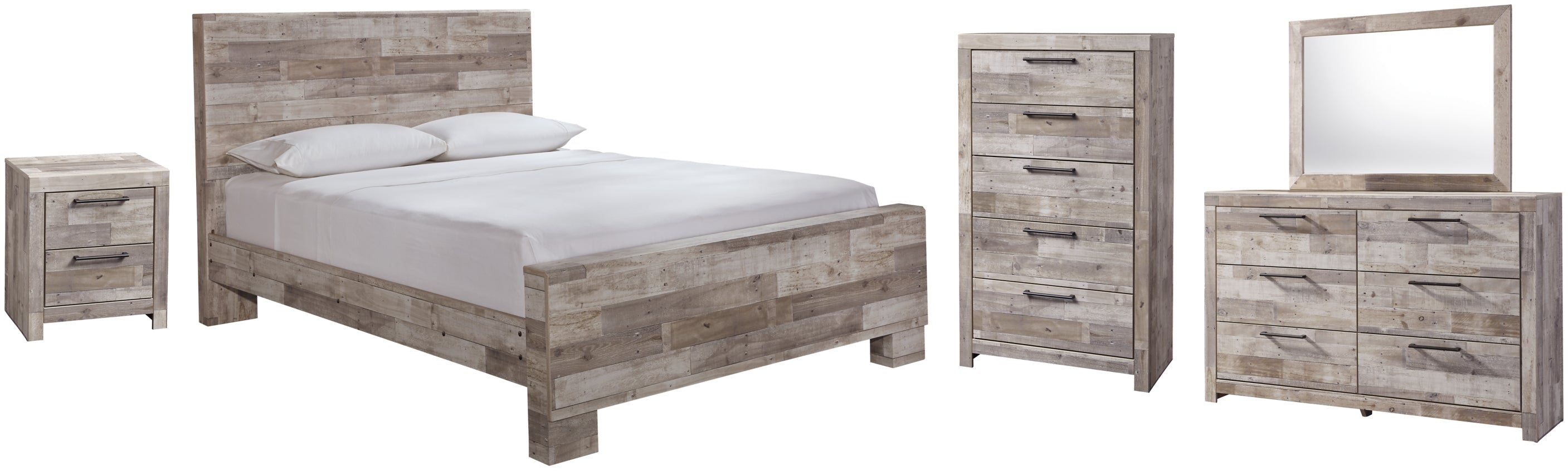Effie Queen Panel Bed with Mirrored Dresser, Chest and Nightstand - furniture place usa