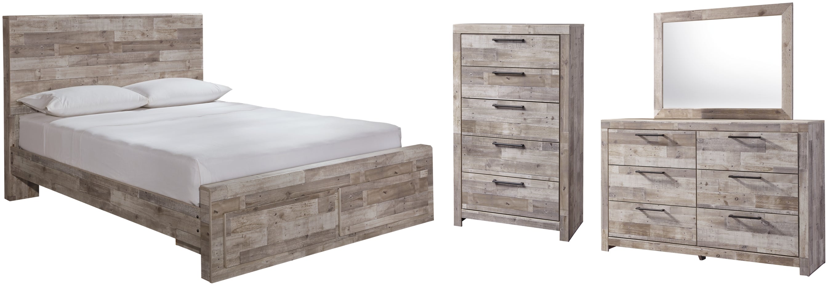 Effie Queen Panel Bed with 2 Storage Drawers with Mirrored Dresser and Chest - furniture place usa