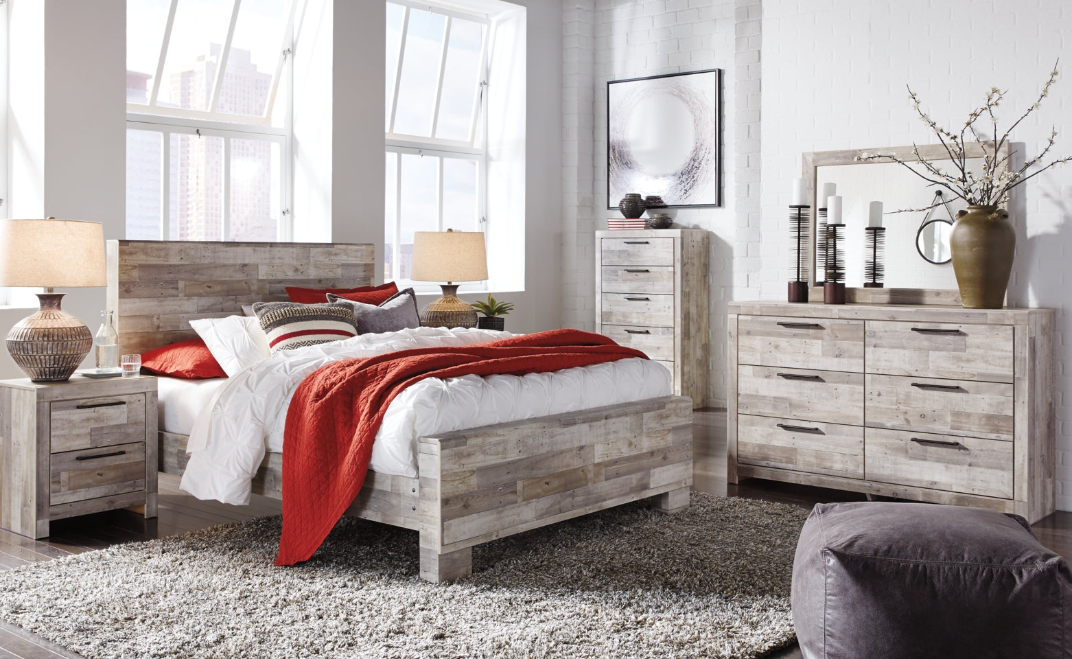 Effie Queen Panel Bed with Mirrored Dresser, Chest and Nightstand - furniture place usa