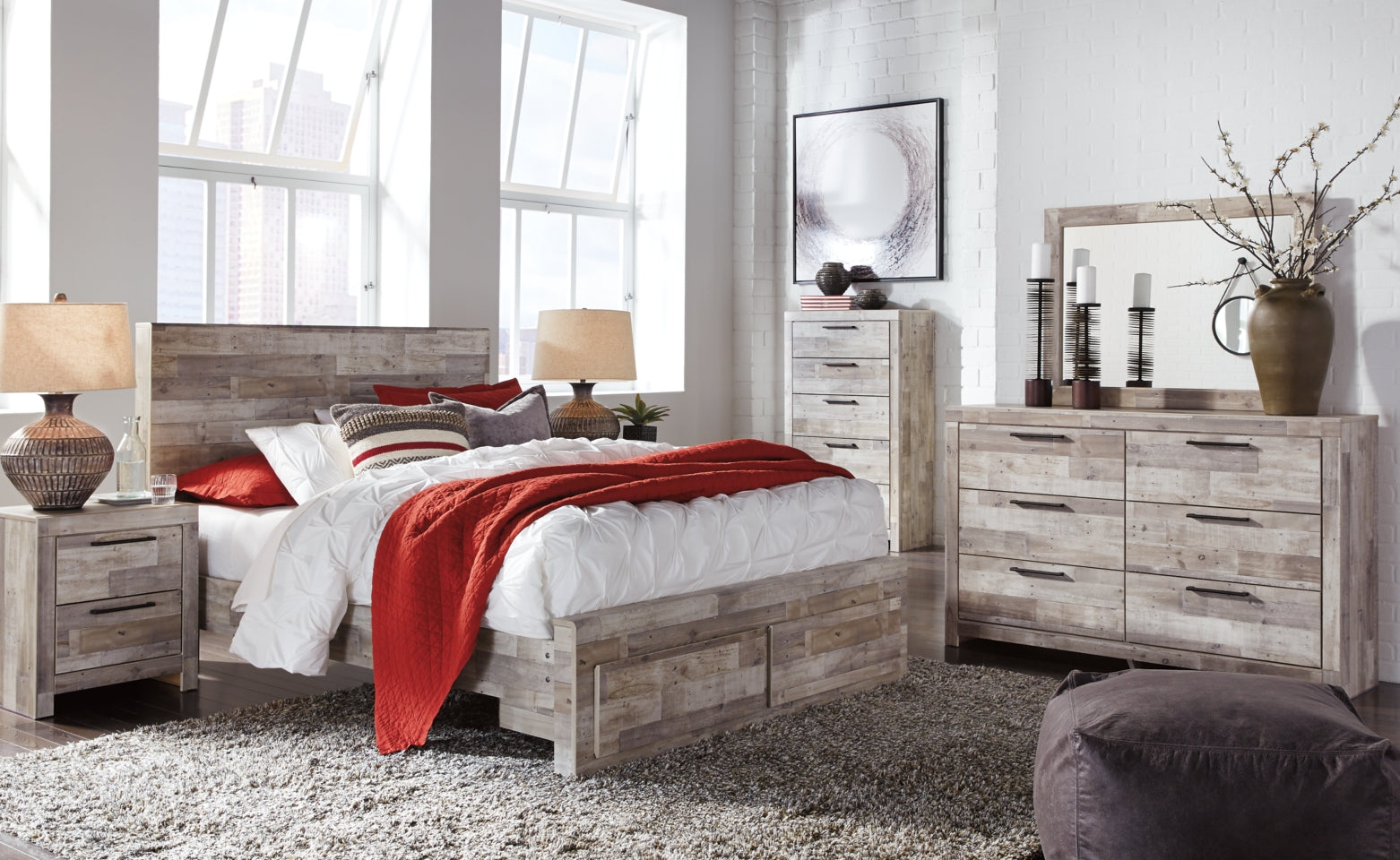 Effie Queen Panel Bed with 2 Storage Drawers with Mirrored Dresser and Chest - furniture place usa