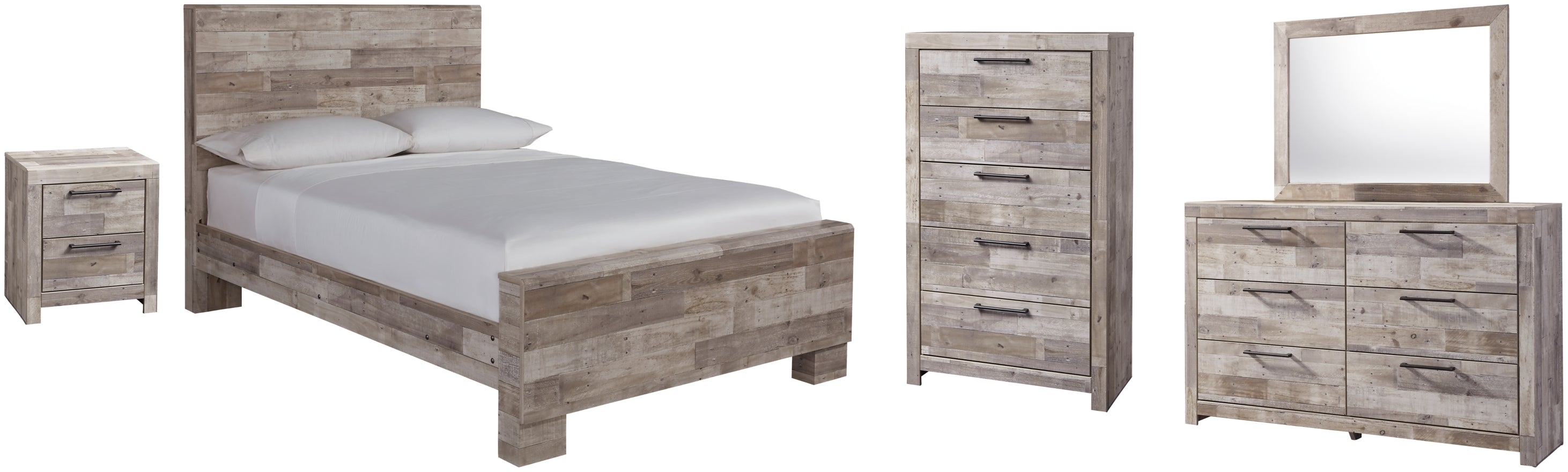 Effie Queen Panel Bed with Mirrored Dresser, Chest and Nightstand - furniture place usa