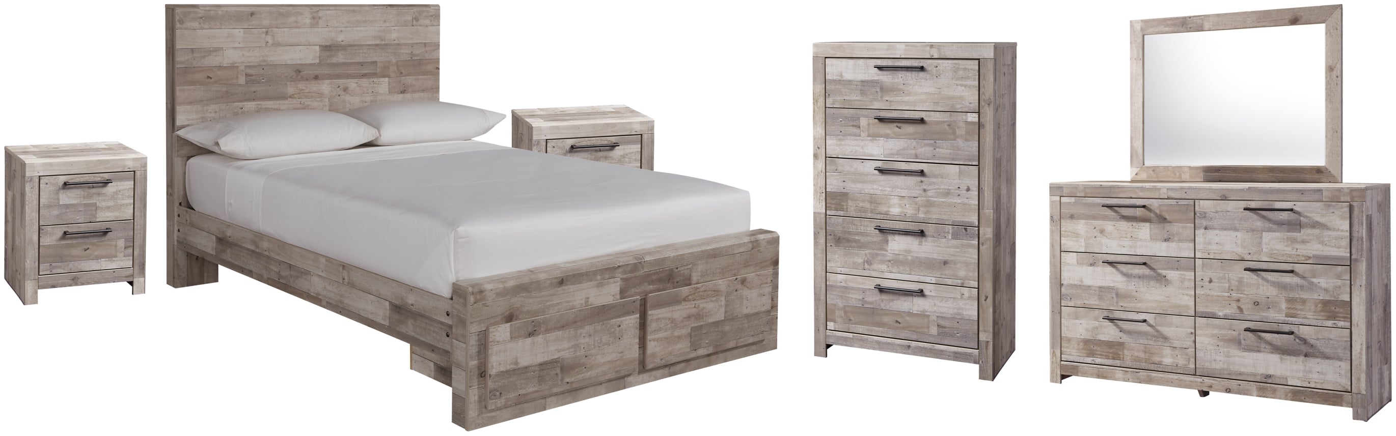 Effie Queen Panel Bed with 2 Storage Drawers with Mirrored Dresser, Chest and 2 Nightstands - furniture place usa
