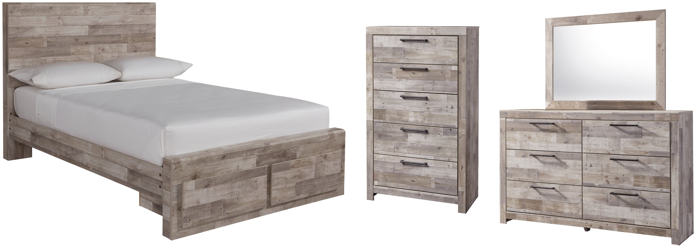 Effie Queen Panel Bed with 2 Storage Drawers with Mirrored Dresser and Chest - furniture place usa