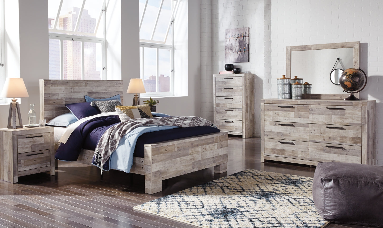 Effie Queen Panel Bed with Mirrored Dresser, Chest and Nightstand - furniture place usa