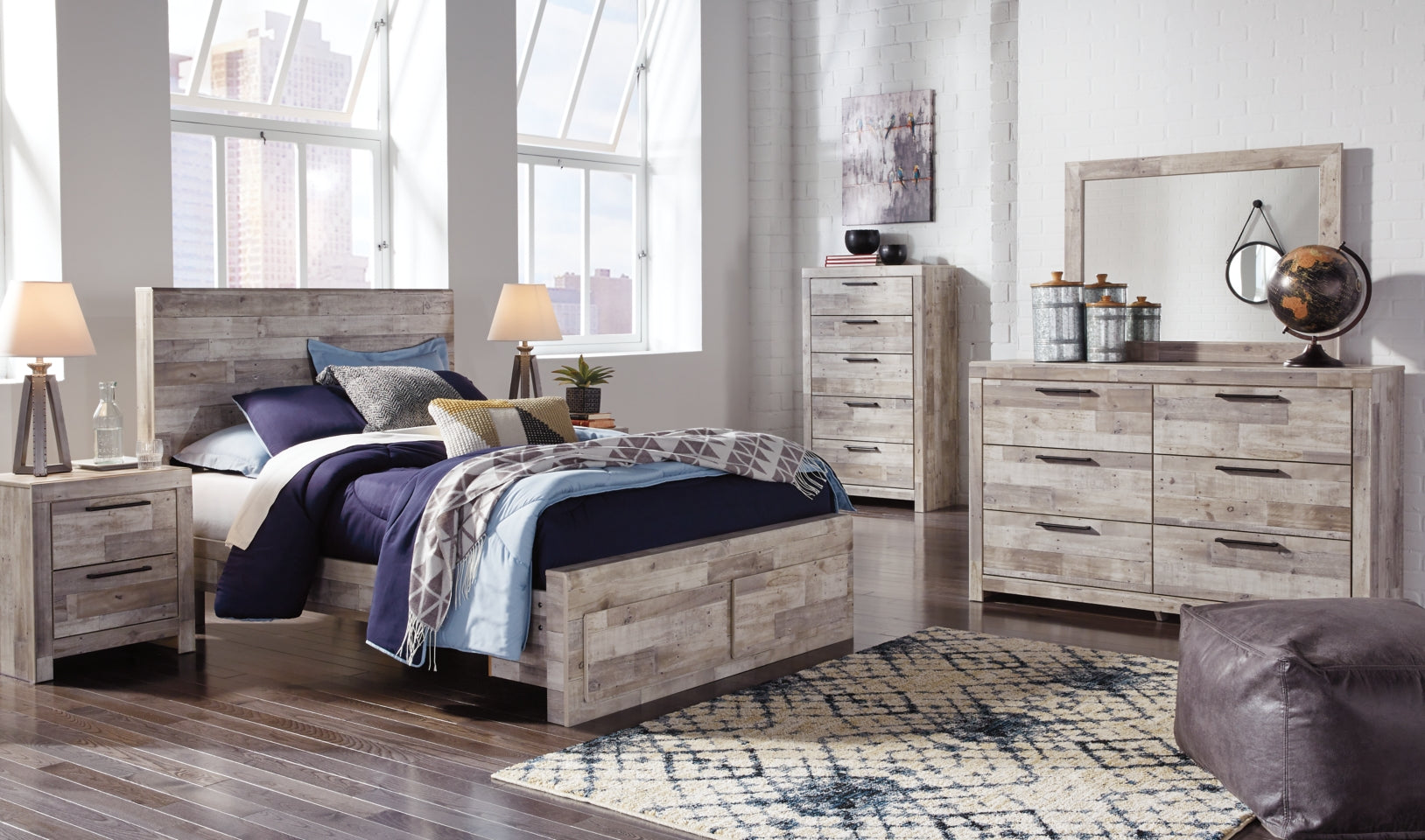 Effie Queen Panel Bed with 2 Storage Drawers with Mirrored Dresser and 2 Nightstands - furniture place usa