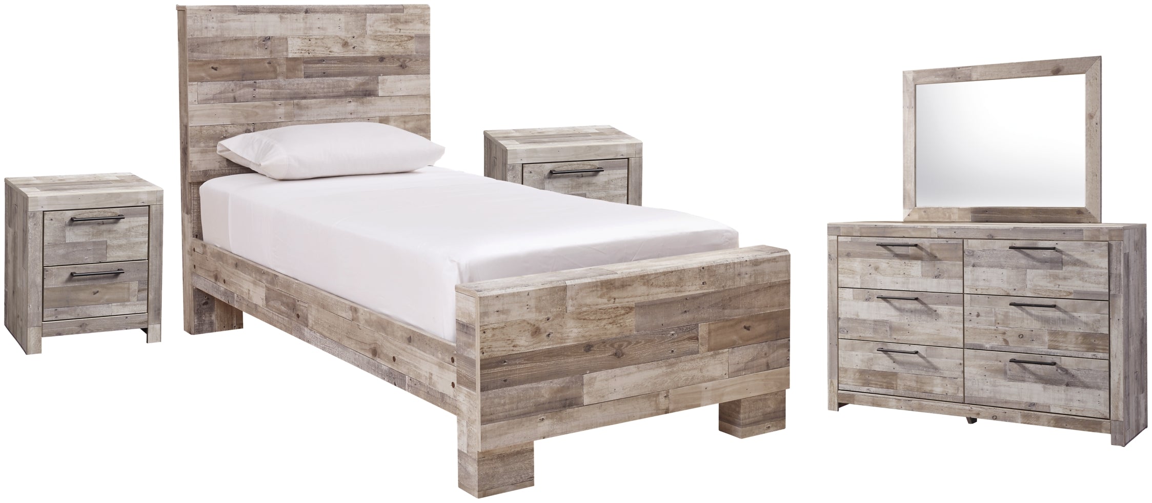 Effie Queen Panel Bed with Mirrored Dresser and 2 Nightstands - furniture place usa