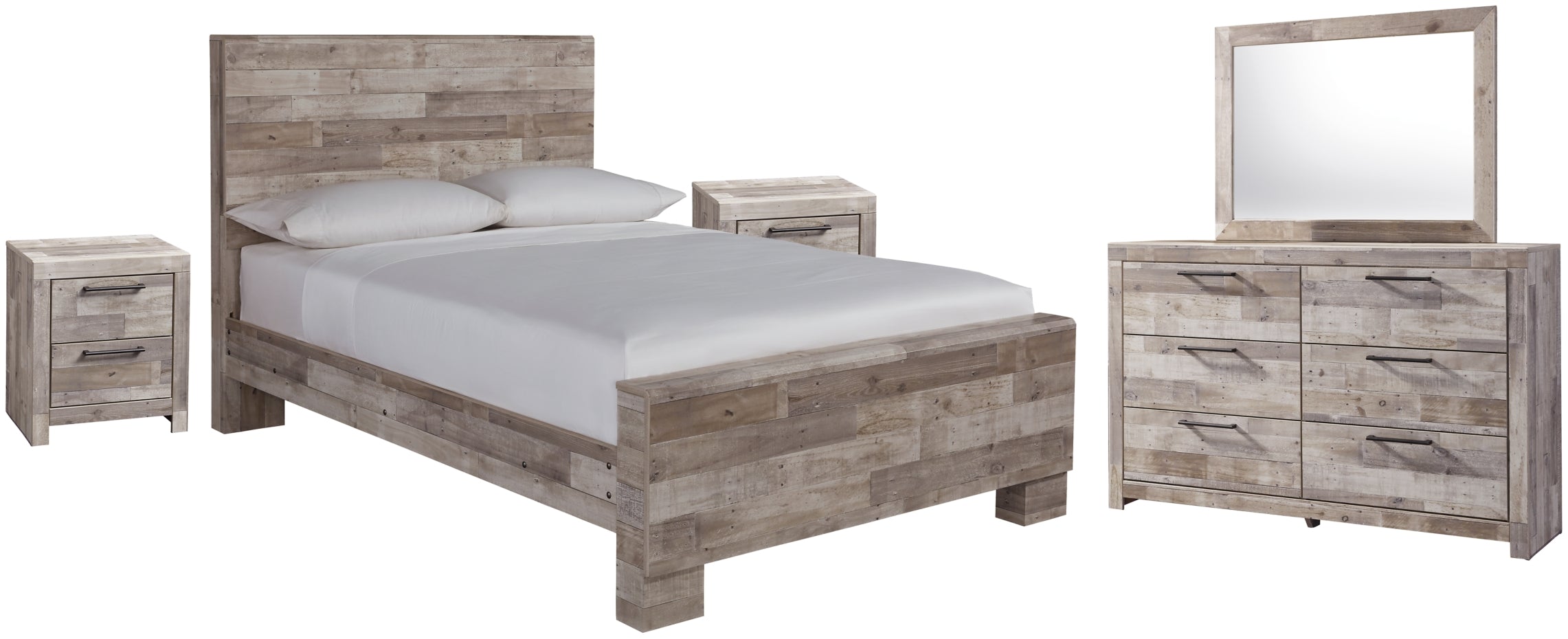 Effie Queen Panel Bed with Mirrored Dresser and 2 Nightstands - furniture place usa