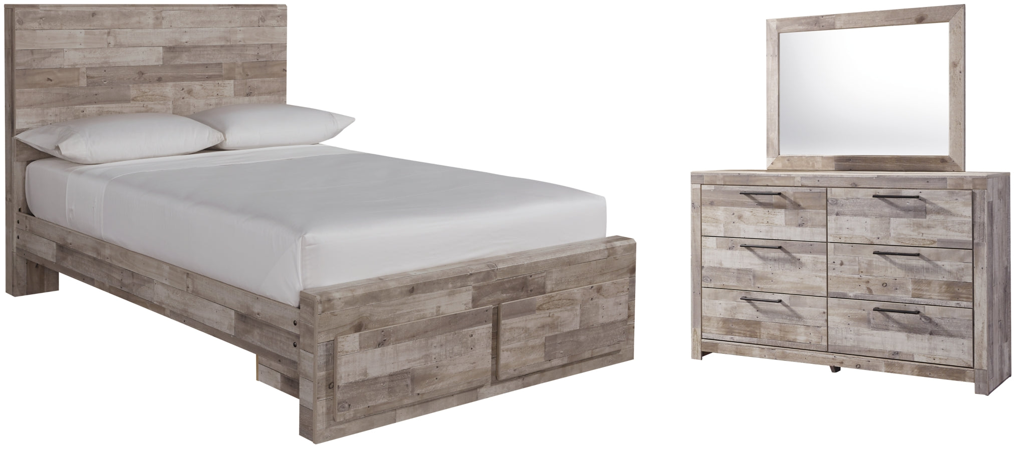 Effie Queen Panel Bed with 2 Storage Drawers with Mirrored Dresser - furniture place usa