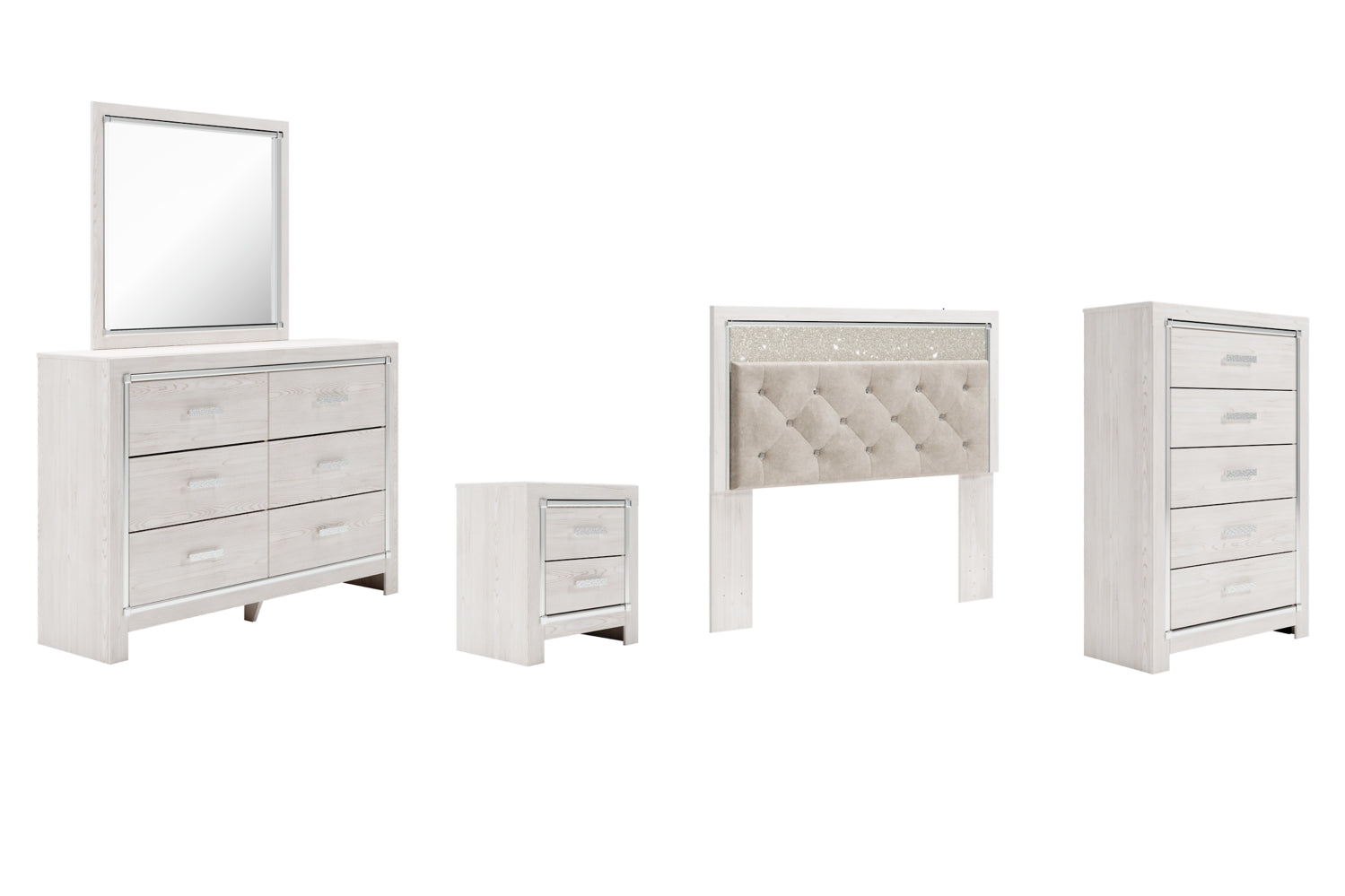 Altyra Queen Panel Headboard Bed with Mirrored Dresser, Chest and Nightstand - furniture place usa