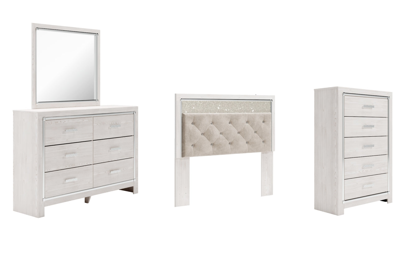 Altyra Queen Panel Headboard Bed with Mirrored Dresser and Chest - furniture place usa