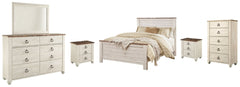 Willowton Queen Panel Bed, Dresser, Mirror, Chest and 2 Nightstands - furniture place usa