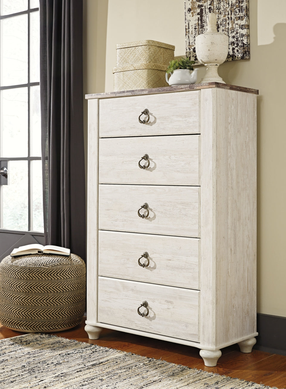 Willowton Queen Panel Bed, Dresser, Mirror, Chest and 2 Nightstands - furniture place usa