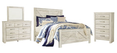 Bellaby King Crossbuck Panel Bed with Mirrored Dresser and Chest - furniture place usa
