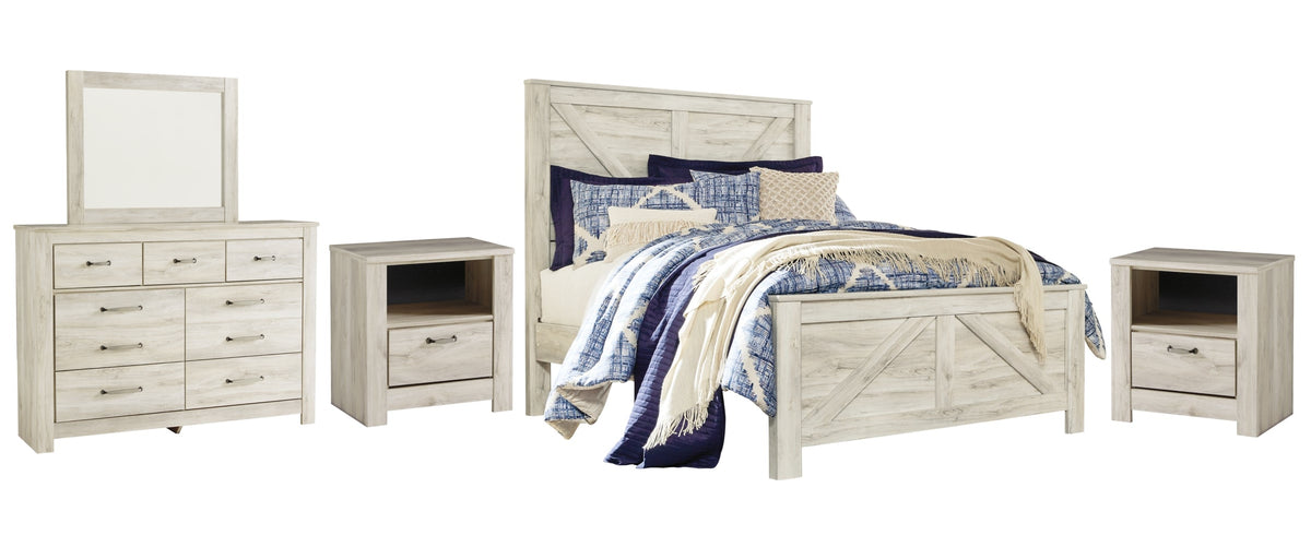 Bellaby King Crossbuck Panel Bed with Mirrored Dresser and 2 Nightstands - furniture place usa