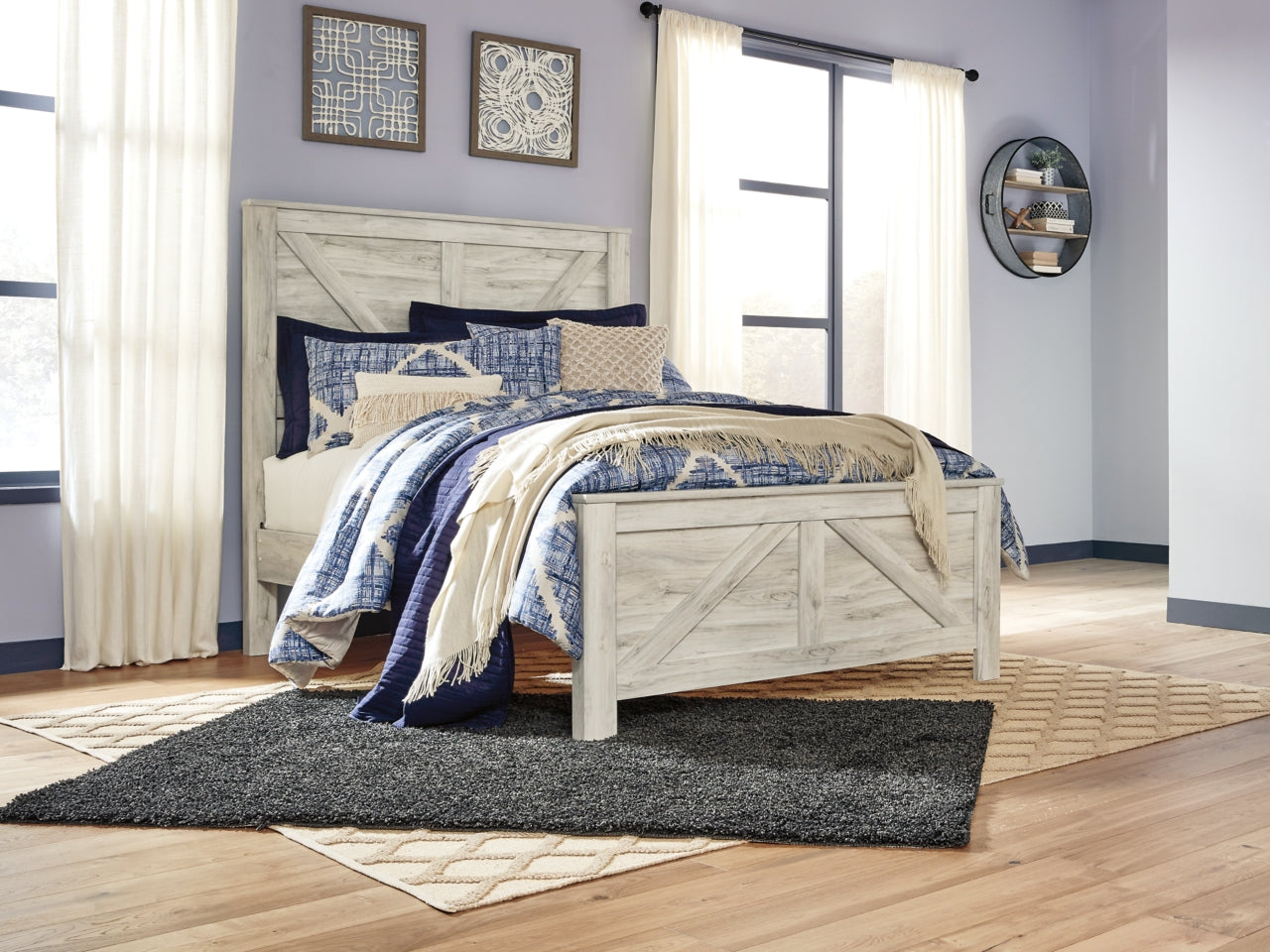 Bellaby King Crossbuck Panel Bed with Mirrored Dresser and 2 Nightstands - furniture place usa