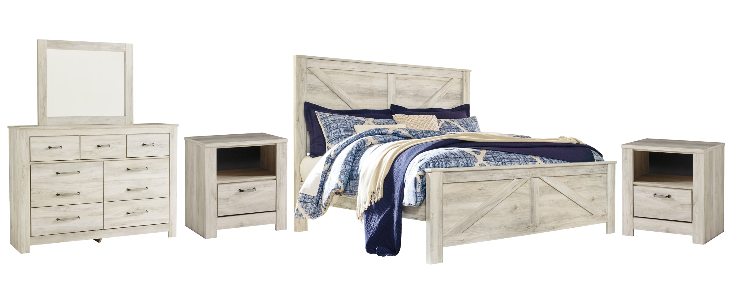 Bellaby King Crossbuck Panel Bed with Mirrored Dresser and 2 Nightstands - furniture place usa