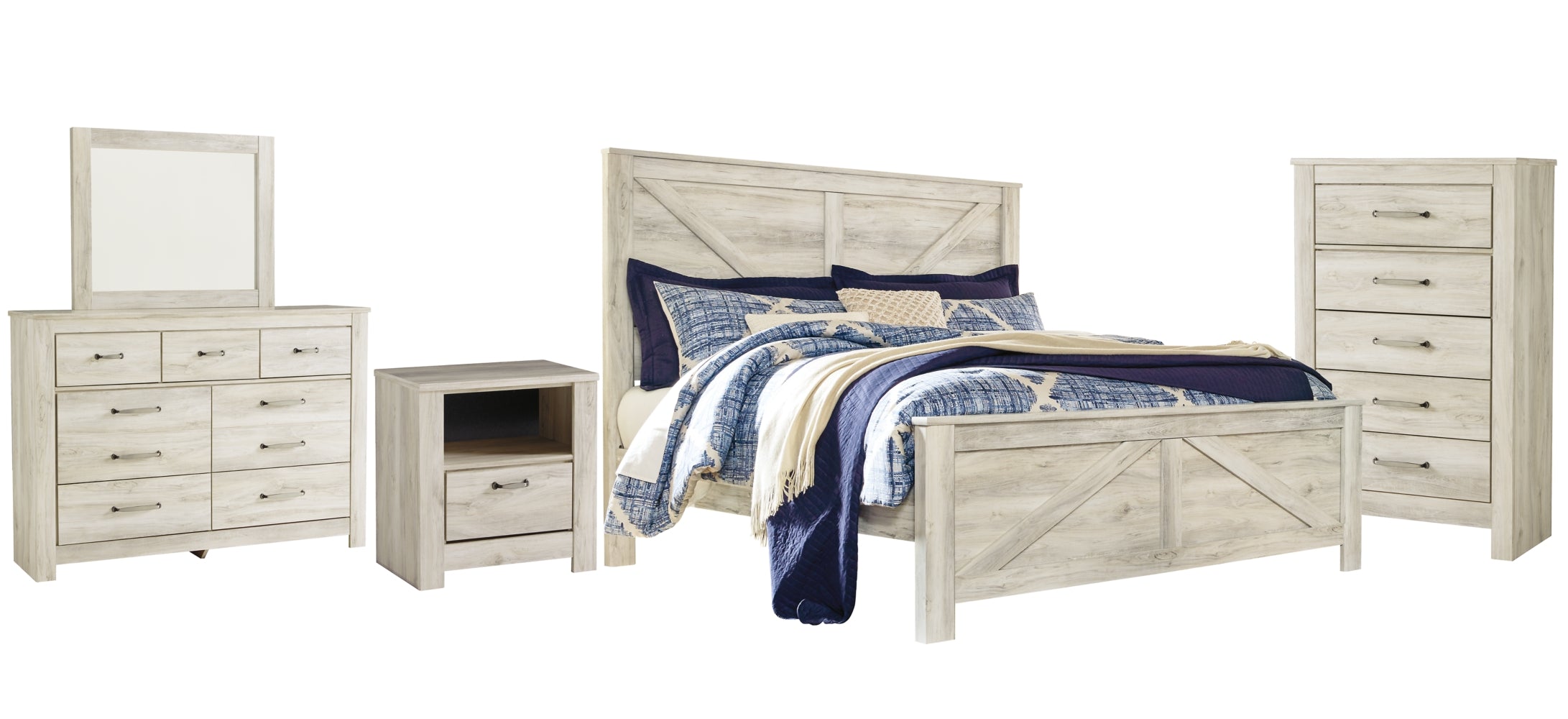 Bellaby King Crossbuck Panel Bed with Mirrored Dresser, Chest and Nightstand - furniture place usa