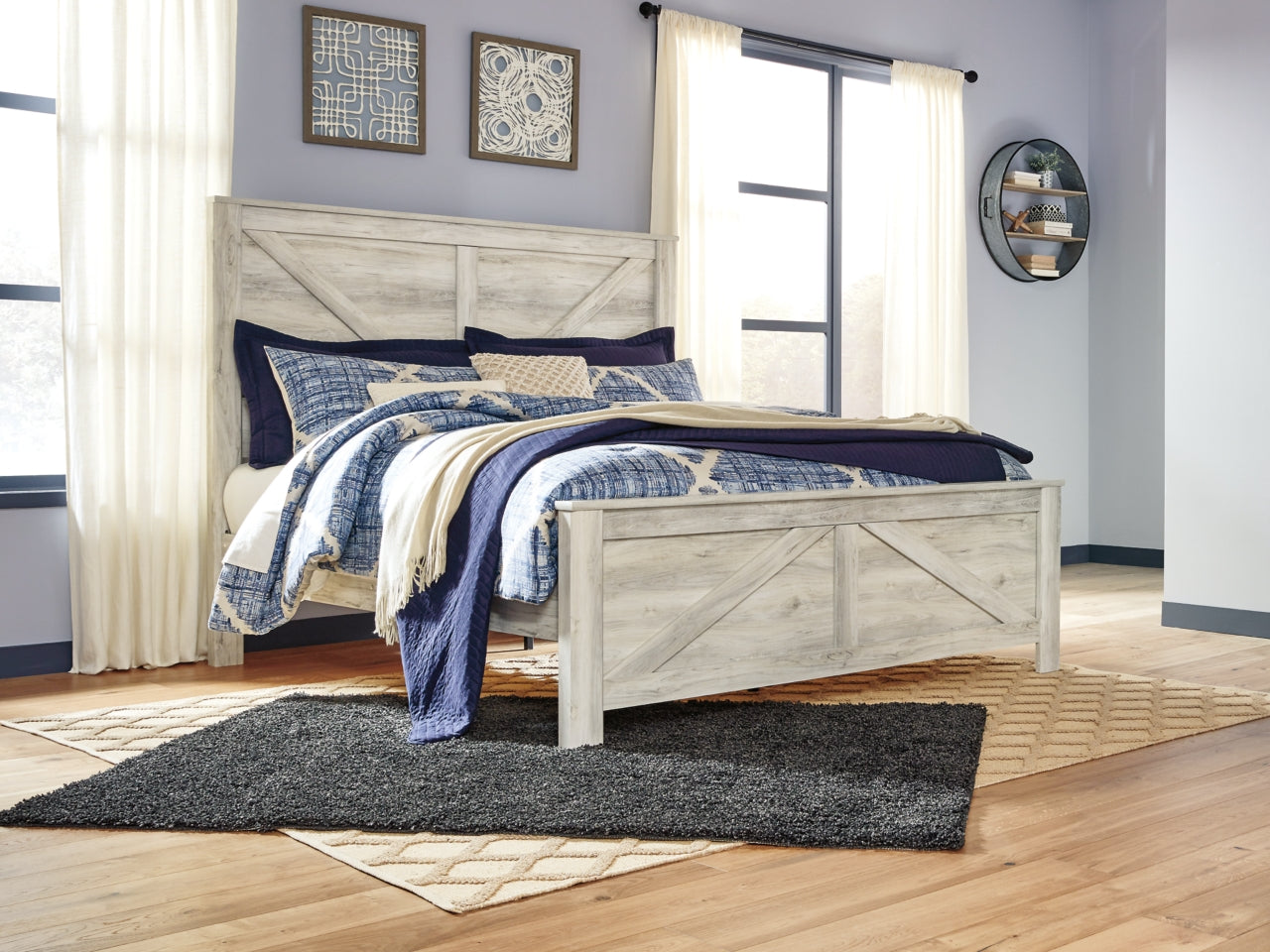 Bellaby King Crossbuck Panel Bed with Mirrored Dresser and Chest - furniture place usa