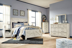 Bellaby King Crossbuck Panel Bed with Mirrored Dresser, Chest and Nightstand - furniture place usa