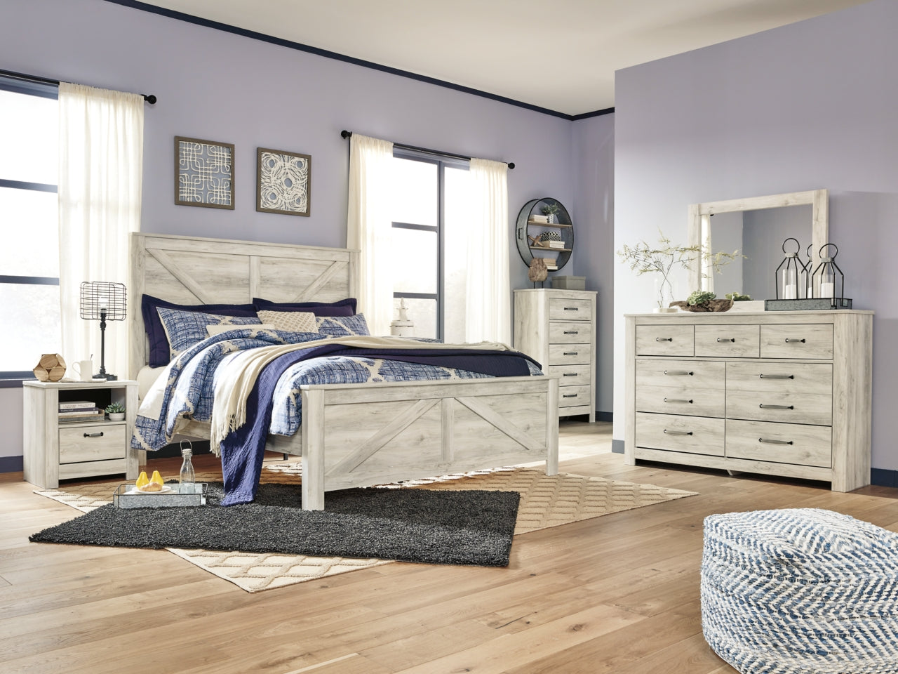 Bellaby King Crossbuck Panel Bed with Mirrored Dresser, Chest and Nightstand - furniture place usa