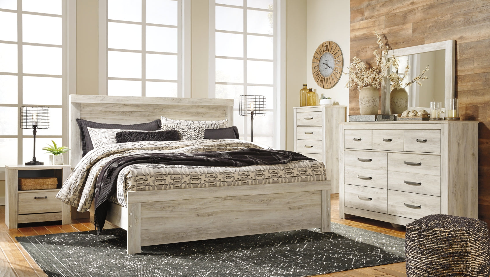 Bellaby Queen Panel Bed with Mirrored Dresser, Chest and Nightstand - furniture place usa
