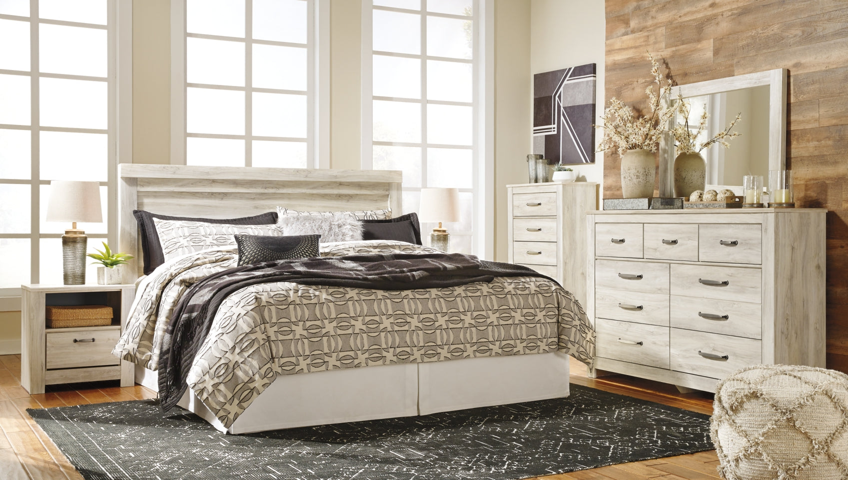 Bellaby Queen Panel Headboard Bed with Mirrored Dresser, Chest and 2 Nightstands - furniture place usa