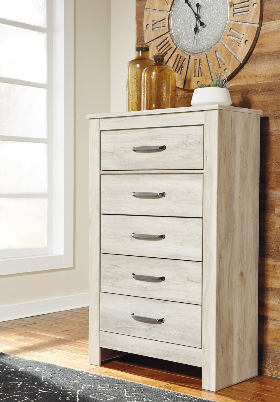 Bellaby King Crossbuck Panel Bed with Mirrored Dresser and Chest - furniture place usa