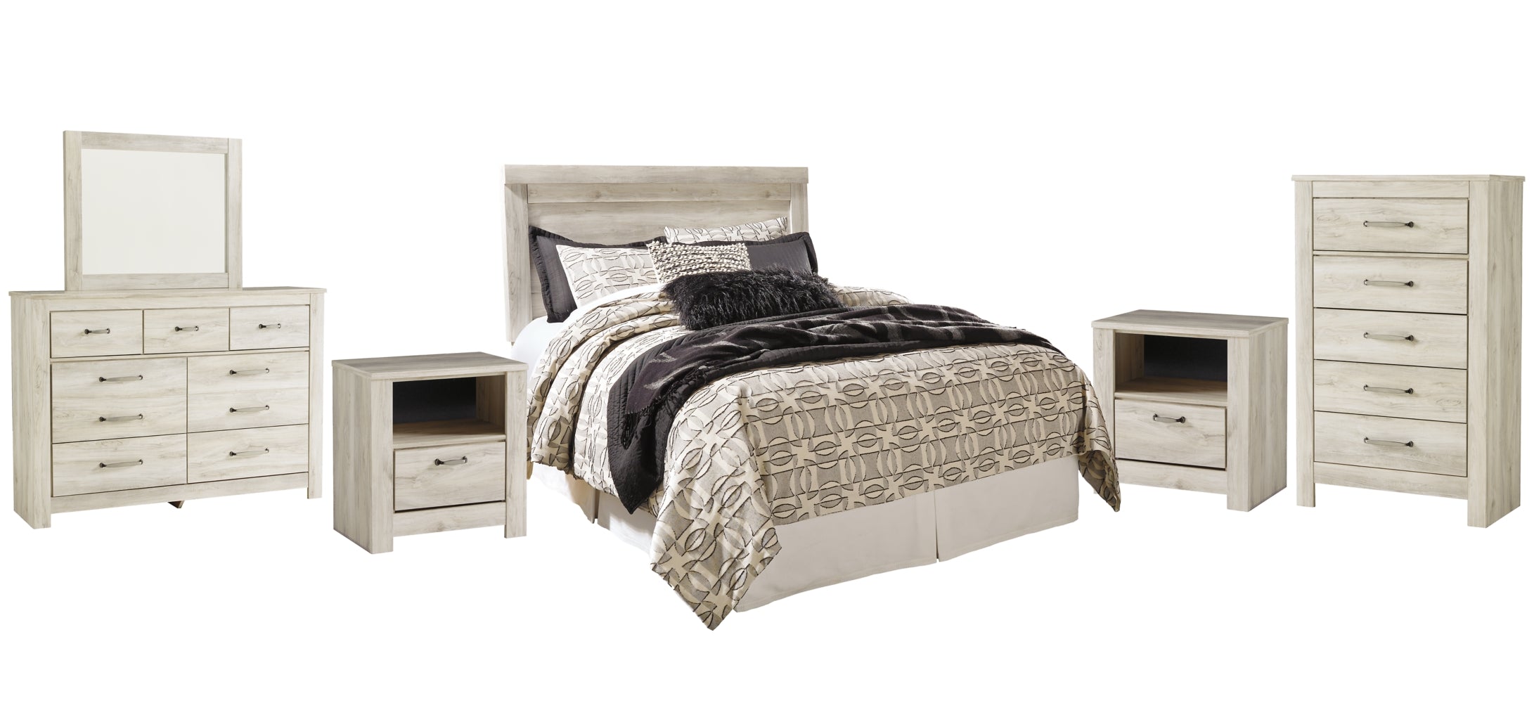 Bellaby Queen Panel Headboard Bed with Mirrored Dresser, Chest and 2 Nightstands - furniture place usa