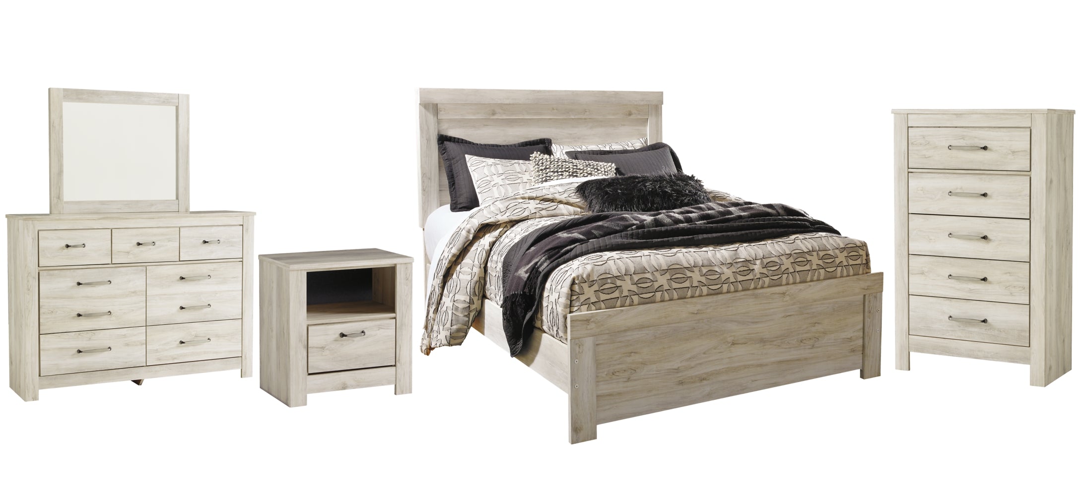 Bellaby Queen Panel Bed with Mirrored Dresser, Chest and Nightstand - furniture place usa
