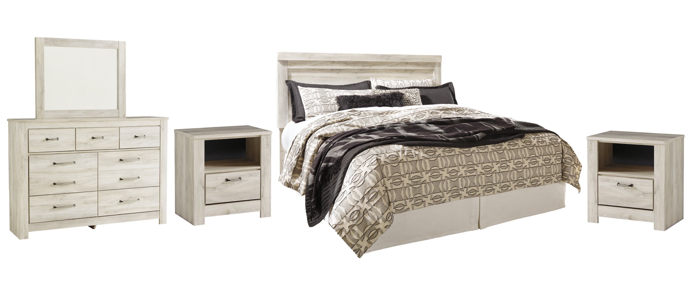 Bellaby Queen Panel Headboard Bed with Mirrored Dresser and 2 Nightstands - furniture place usa