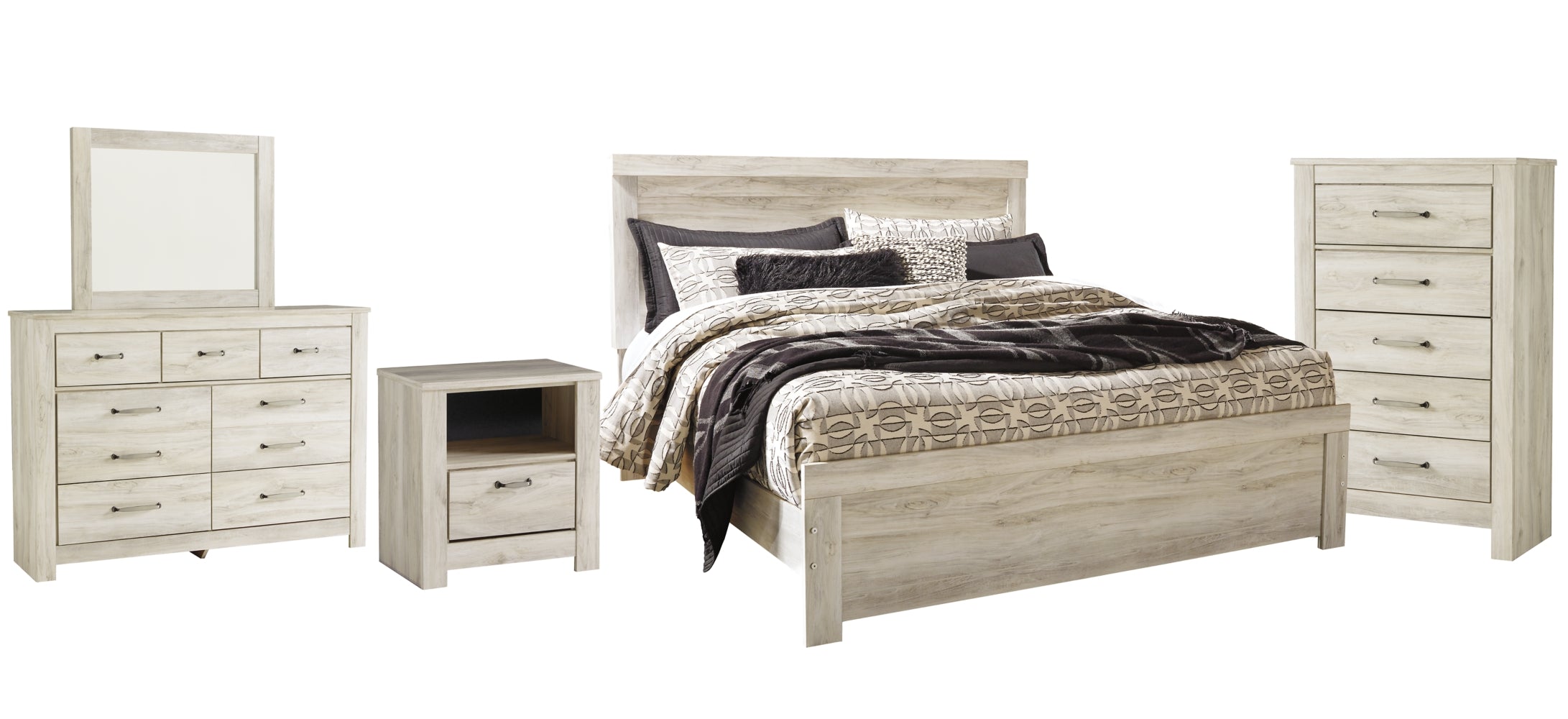 Bellaby Queen Panel Bed with Mirrored Dresser, Chest and Nightstand - furniture place usa