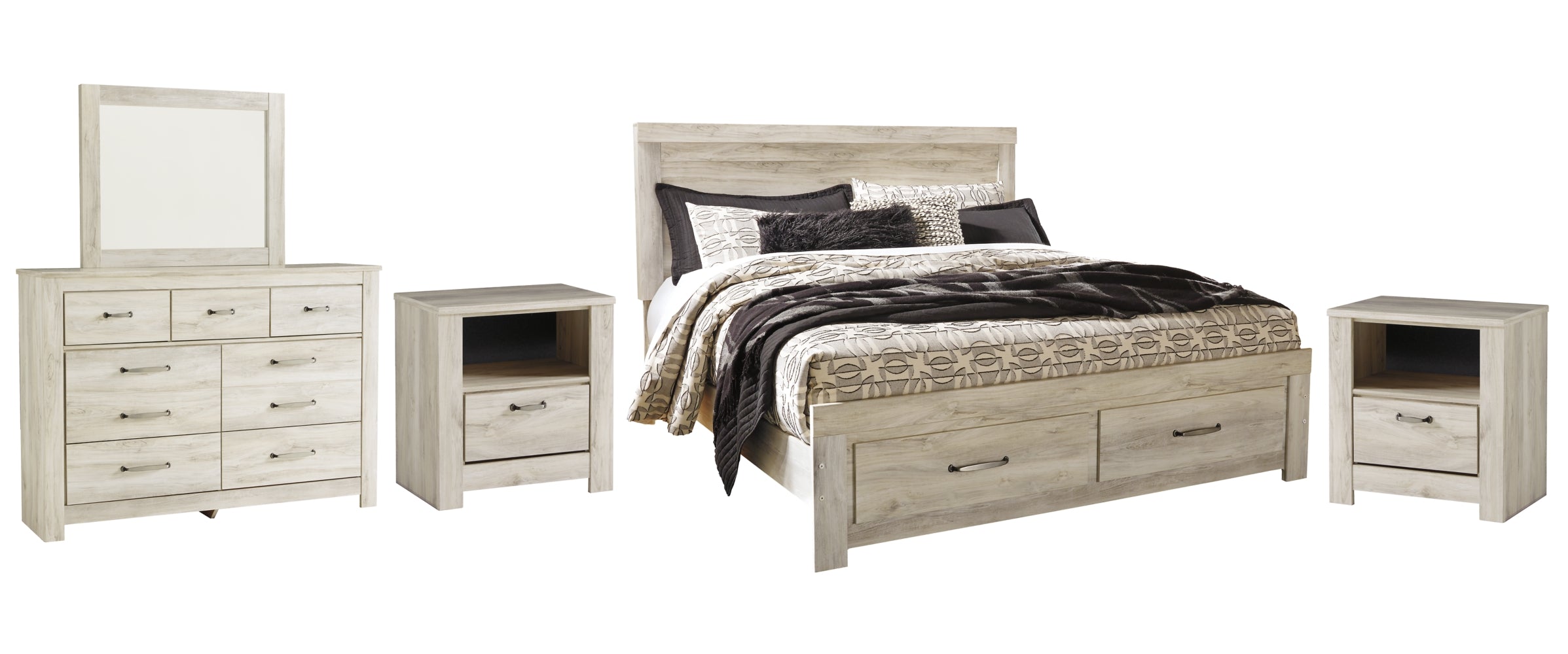 Bellaby Queen Platform Bed with 2 Storage Drawers with Mirrored Dresser and 2 Nightstands - furniture place usa