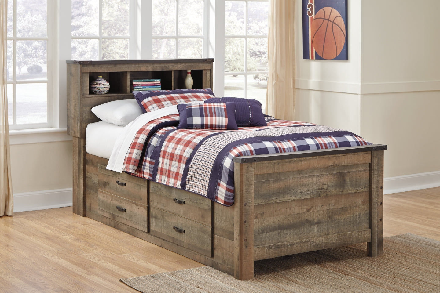 Trinell Twin Bookcase Bed with 2 Storage Drawers with Mirrored Dresser - PKG000032 - furniture place usa