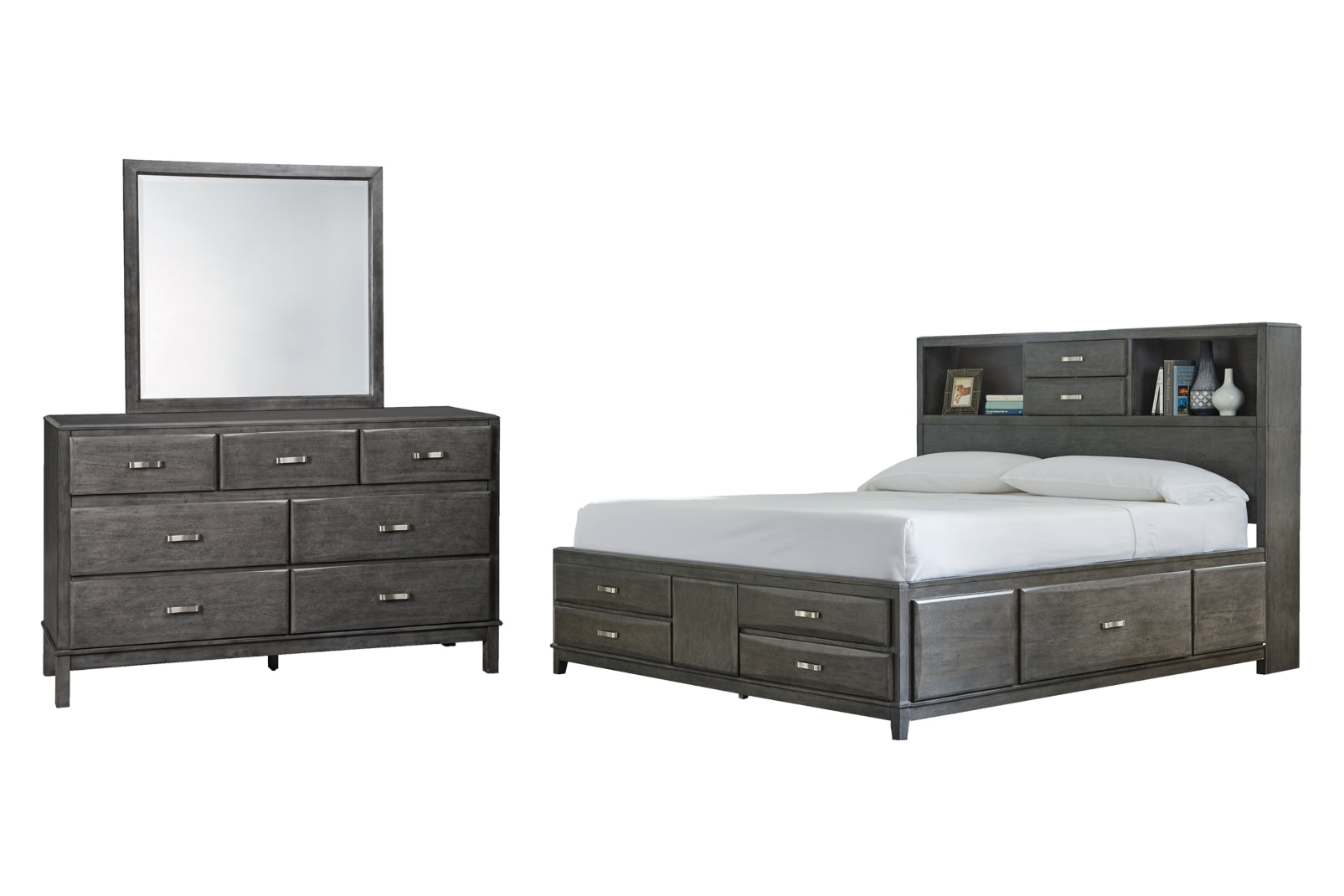 Caitbrook Queen Storage Bed with 8 Storage Drawers with Mirrored Dresser - furniture place usa