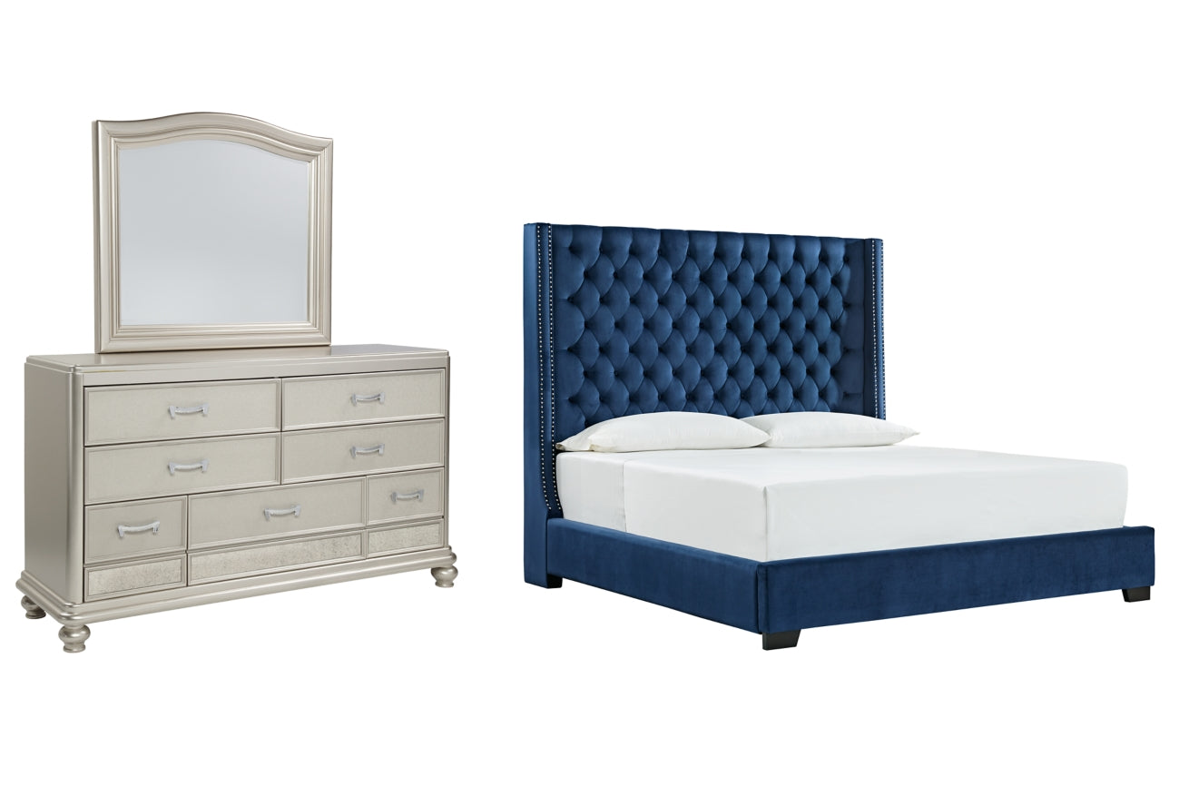 Coralayne California King Upholstered Bed with Mirrored Dresser - PKG010742 - furniture place usa