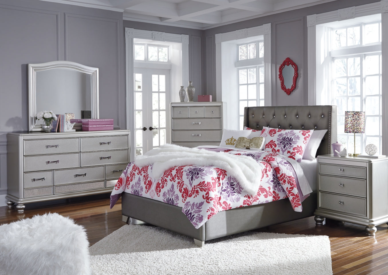 Coralayne Full Upholstered Bed with Mirrored Dresser and 2 Nightstands - PKG007806 - furniture place usa