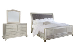 Coralayne California King Upholstered Sleigh Bed with Mirrored Dresser - PKG007859 - furniture place usa
