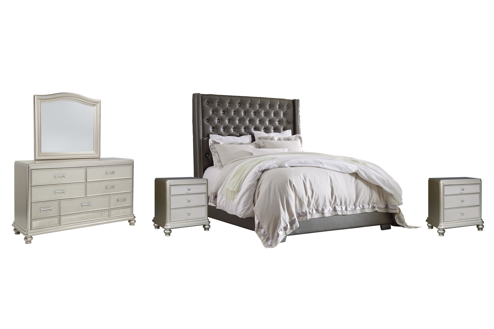 Coralayne Queen Upholstered Bed with Mirrored Dresser and 2 Nightstands - PKG007773 - furniture place usa
