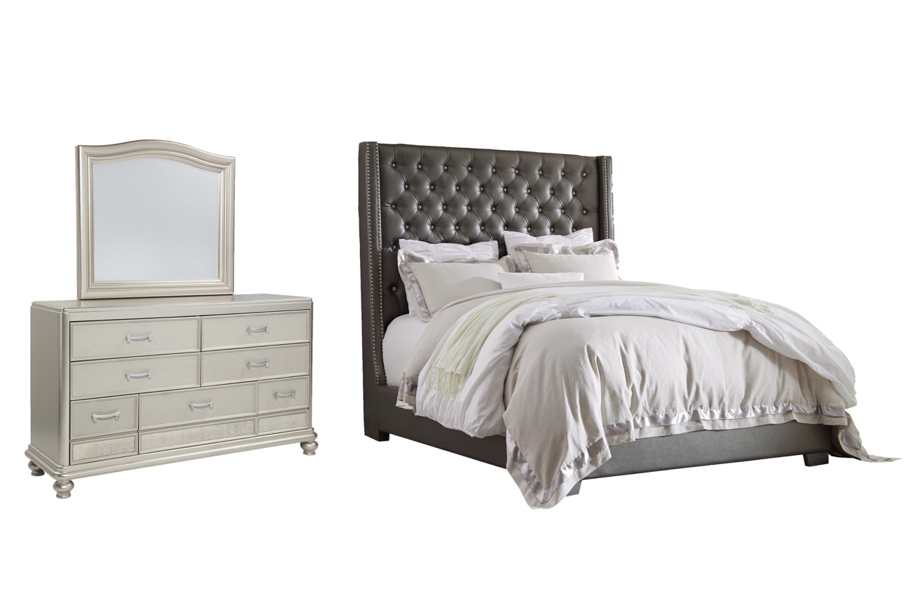 Coralayne Queen Upholstered Bed with Mirrored Dresser - PKG007772 - furniture place usa