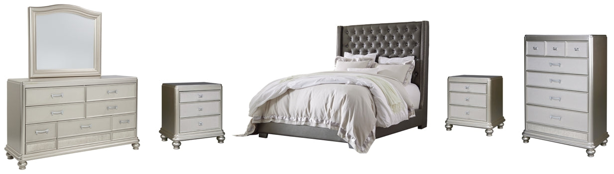 Coralayne King Upholstered Bed with Mirrored Dresser, Chest and 2 Nightstands - PKG007787 - furniture place usa