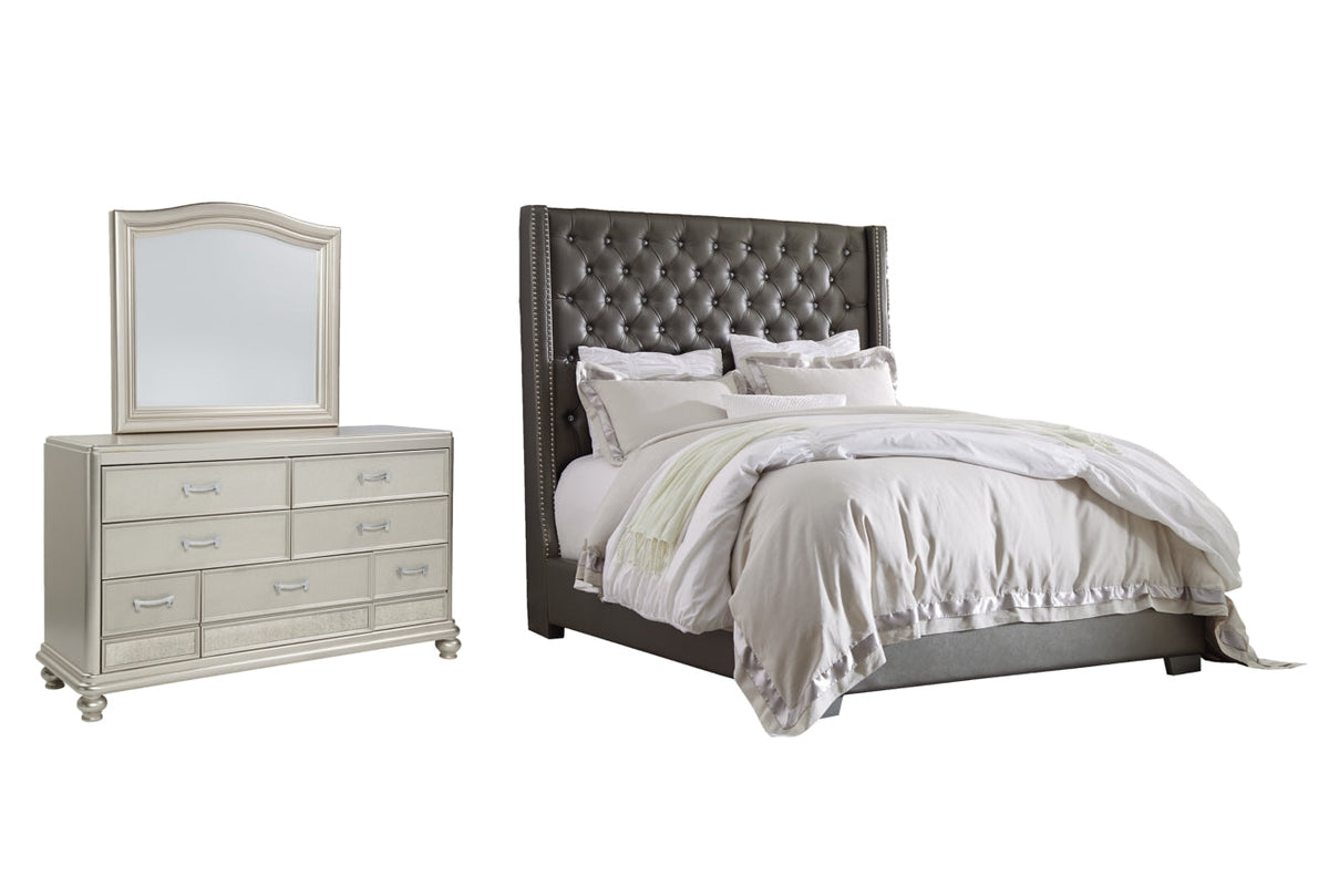 Coralayne California King Upholstered Bed with Mirrored Dresser - PKG007827 - furniture place usa