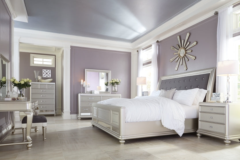 Coralayne Queen Upholstered Sleigh Bed with Mirrored Dresser and Chest - PKG007818 - furniture place usa