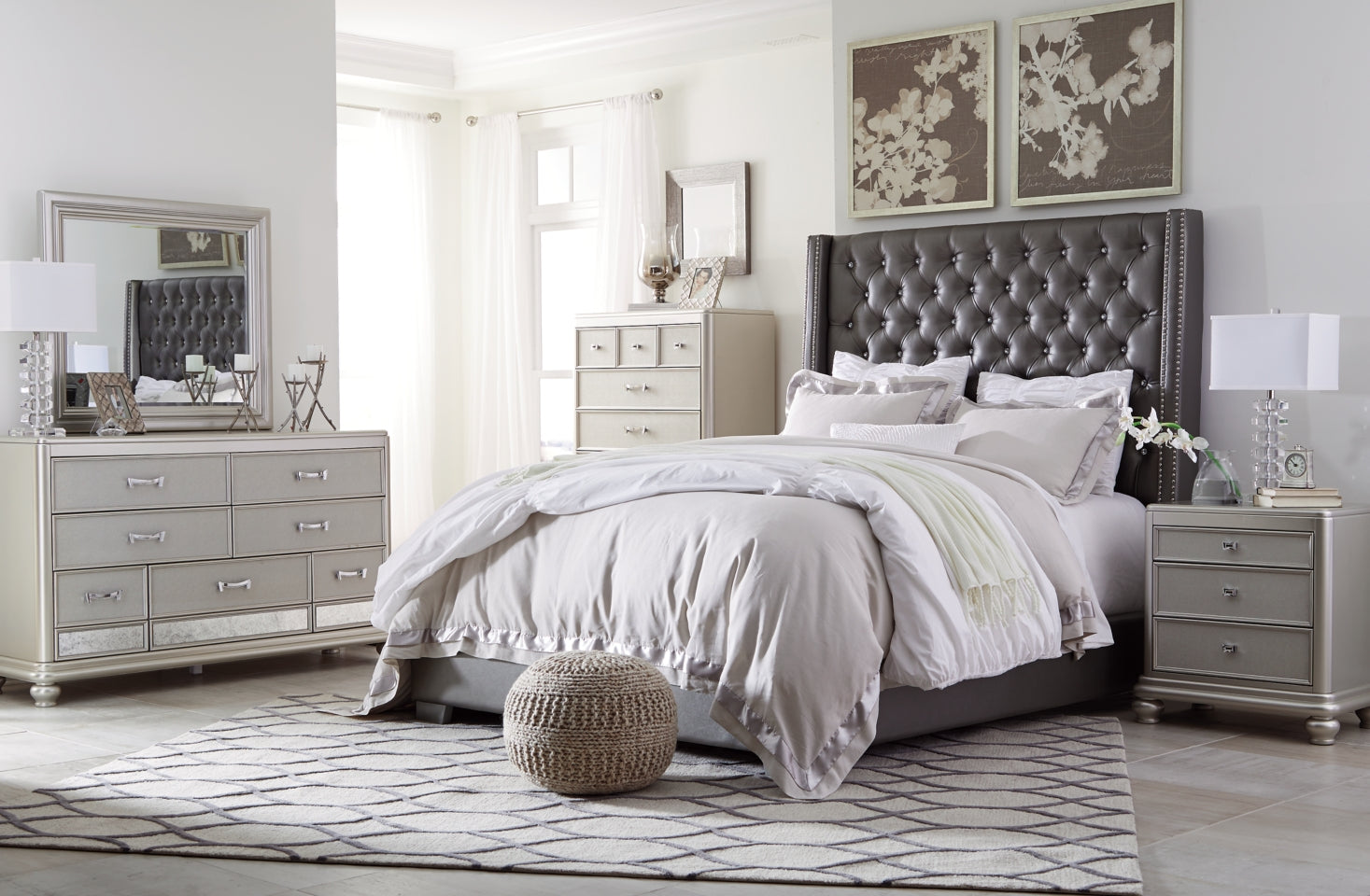 Coralayne California King Upholstered Bed with Mirrored Dresser - PKG007822 - furniture place usa